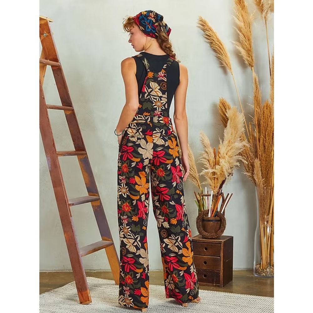 Floral Multicolor Women's Jumpsuit S NEW Jungle Print Overalls Linen Cotton Boho - Picture 3 of 13